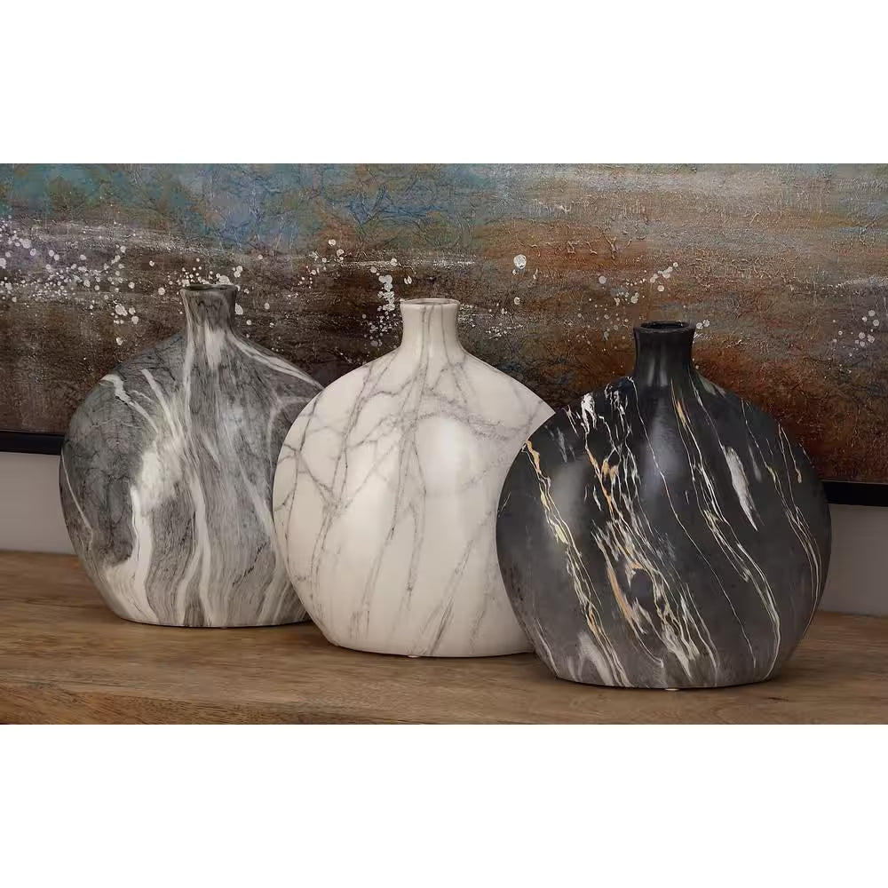9 In., 10 In. Black Faux Marble Ceramic Decorative Vase (Set of 3)