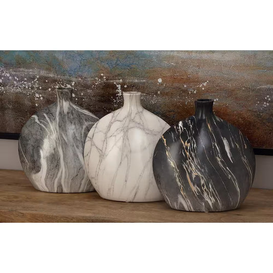9 In., 10 In. Black Faux Marble Ceramic Decorative Vase (Set of 3)